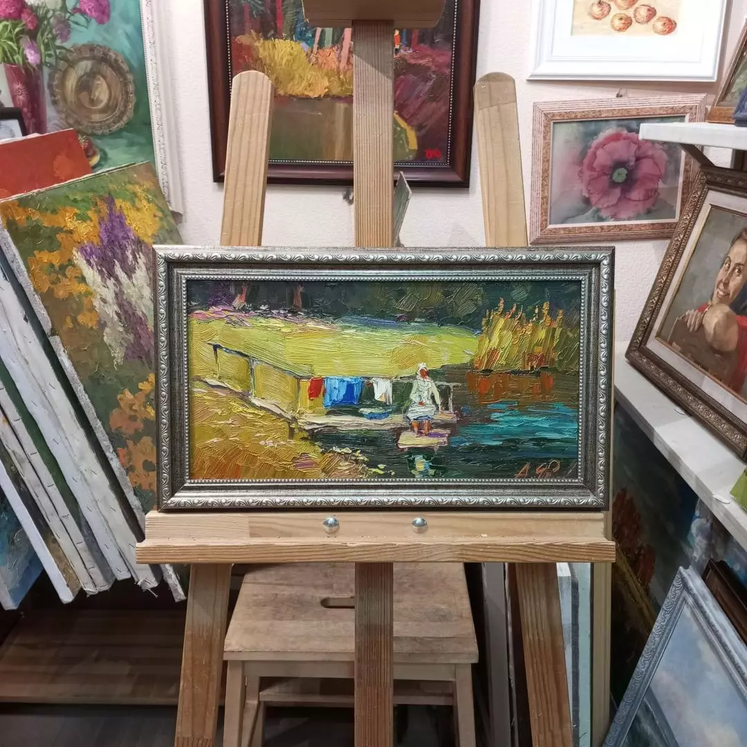 Картина. Александр Филиппов. Постирушки. Картон, масло. 21х40 см. Авторская живопись.