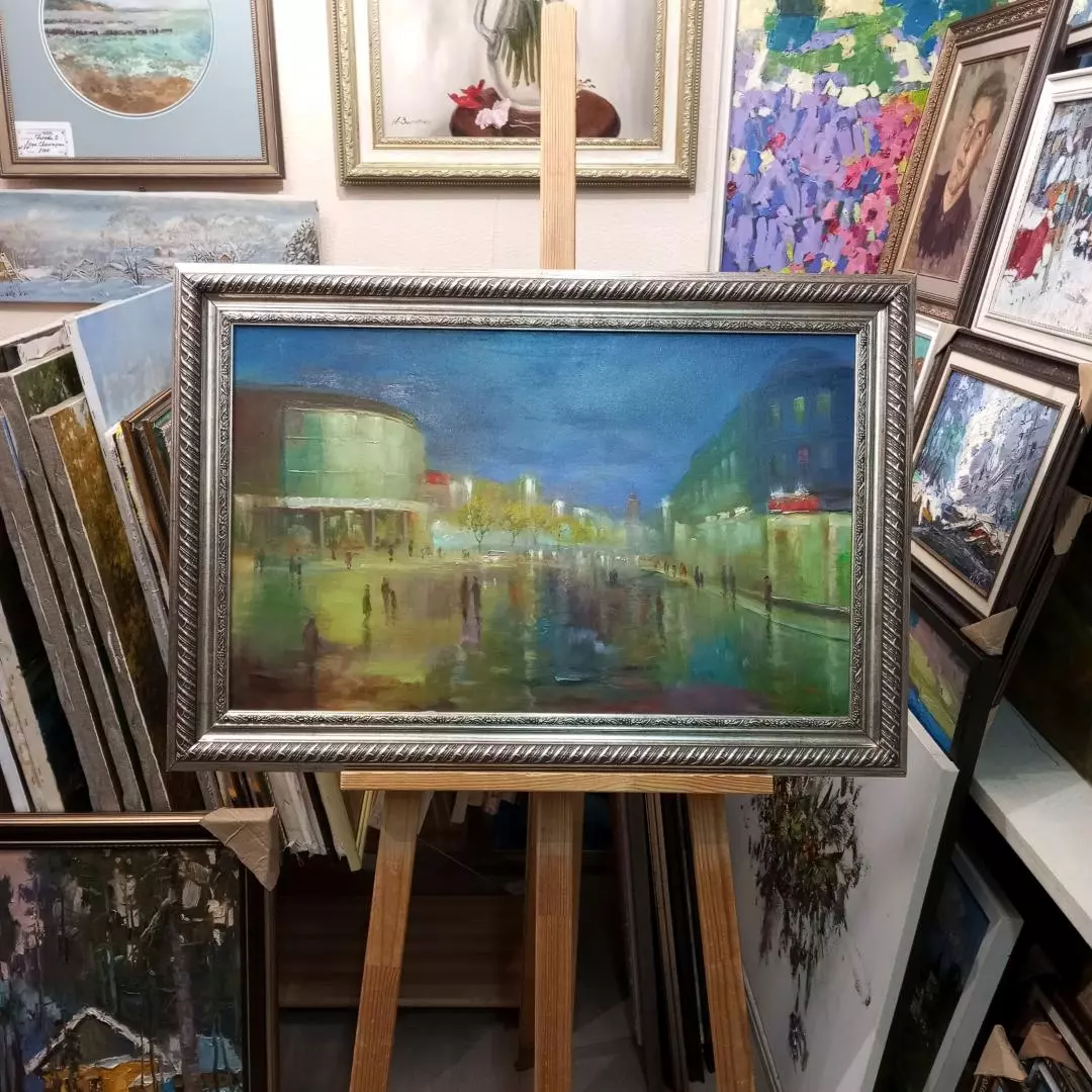 Картина. Виктор Бойченко. Ночной проспект. Холст, масло. 68х43 см. Авторская живопись.