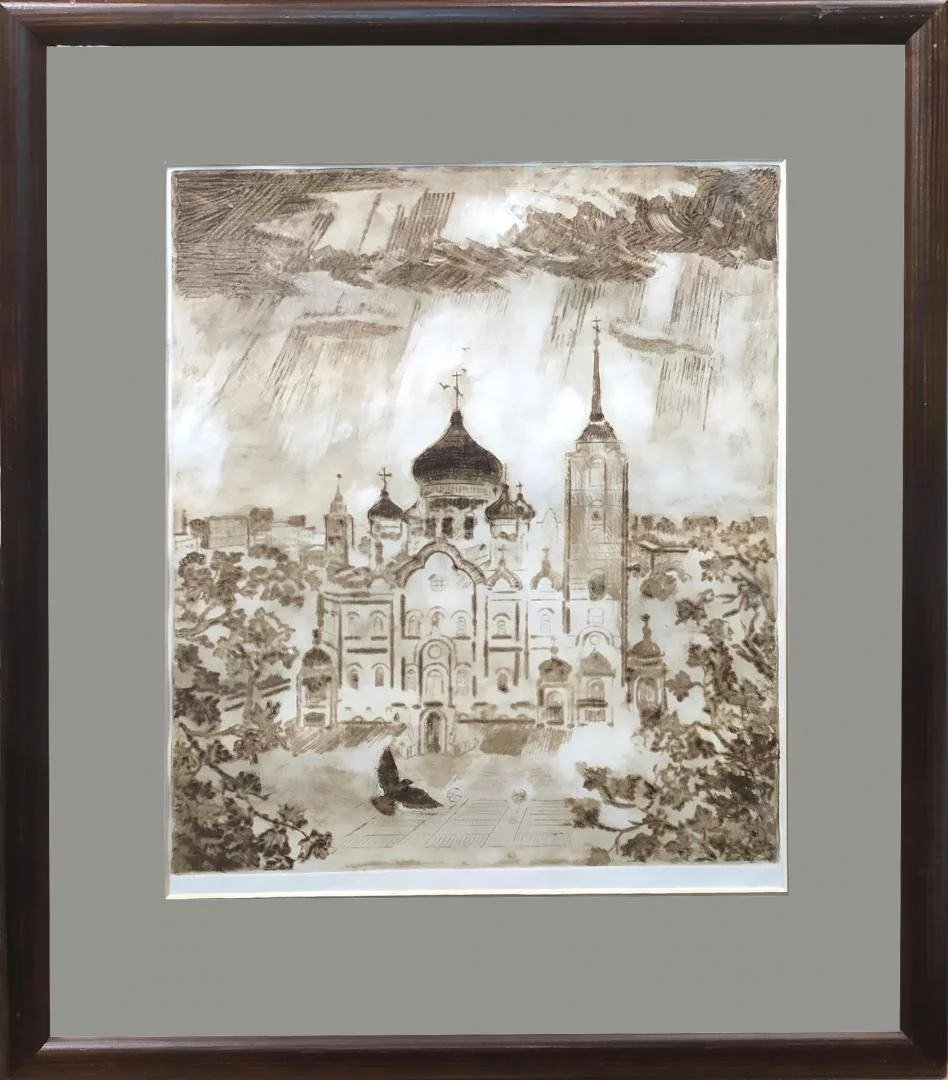 Картина. Семенов В, Благовещенский храм, офорт, резцовая гравюра, 34х29 см. Авторская графика.