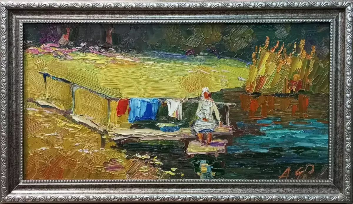 Картина. Александр Филиппов. Постирушки. Картон, масло. 21х40 см. Авторская живопись.