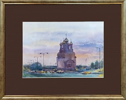 Картина. Елена Санина "Вечерний город (храм у Сити-парка Град)", бумага, акварель, 21х30 см. Авторская живопись. 