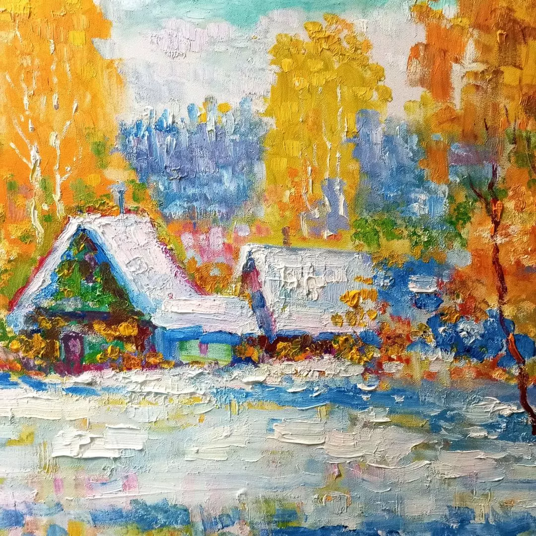 Картина. Сулеков Юрий Первый снег, оргалит, масло, 40х60см. Авторская живопись.