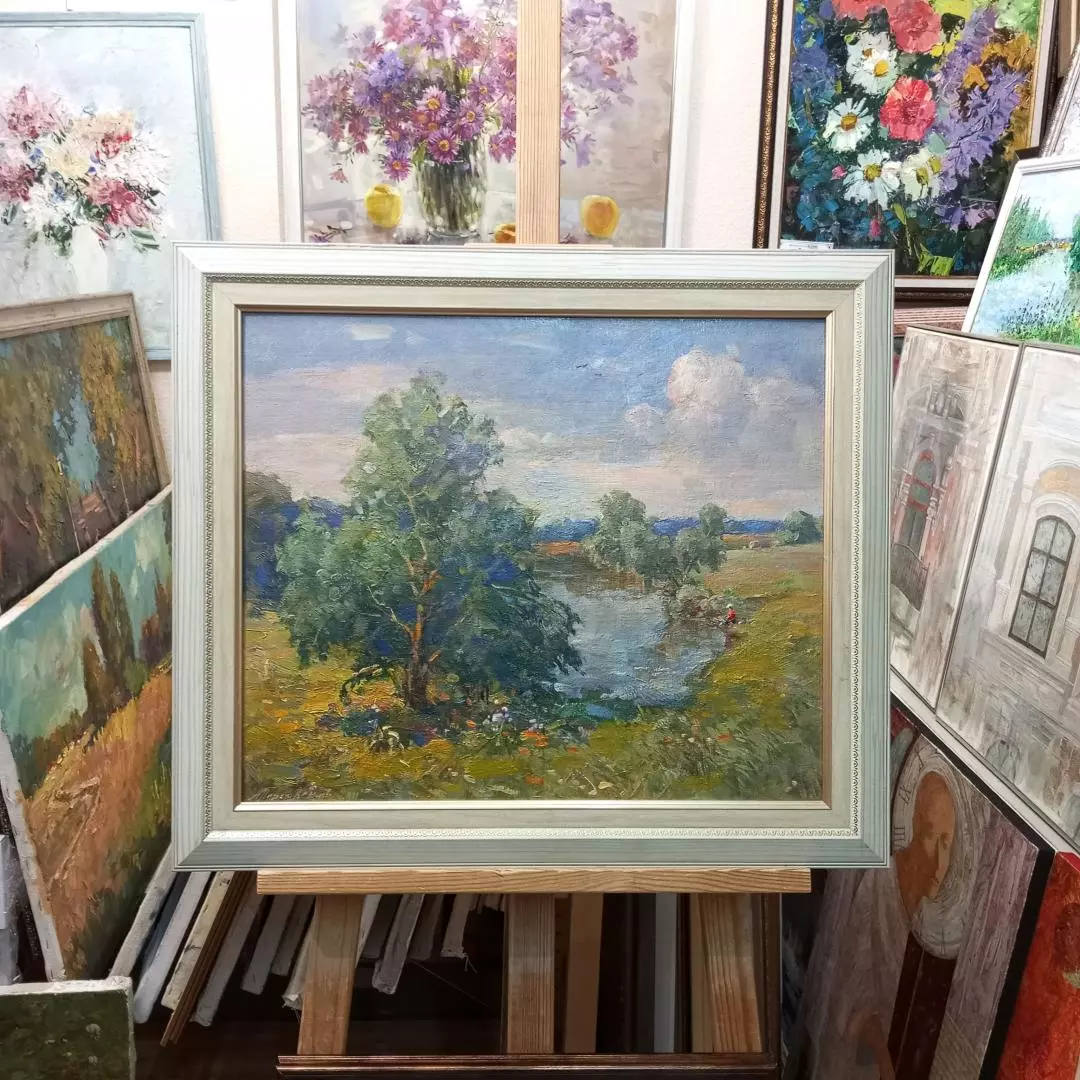 Картина. Александр Поплавский. Пейзаж с вербой. Холст, картон, масло. 42х50 см. Авторская живопись.