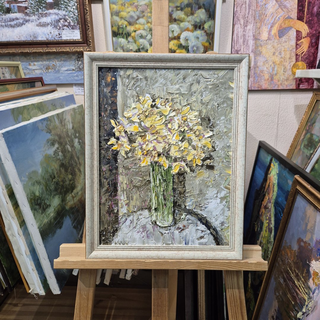 Картина. Инна Москалева. Нарциссы. Холст, картон, масло. 30х40 см. Авторская живопись.