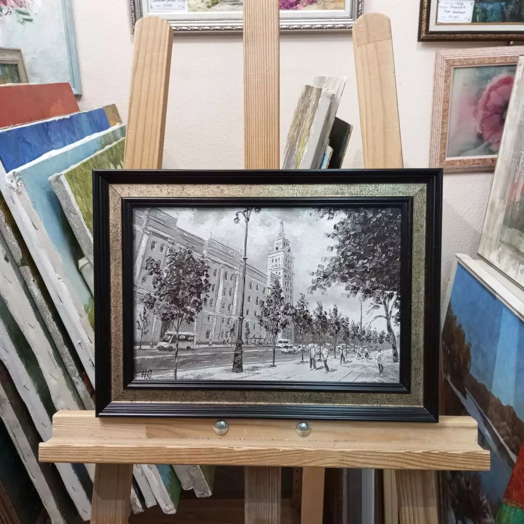 Картина. Сергей Нелюбин. Воронеж ЮВЖД чб. Холст, масло. 20х30 см. Авторская живопись.
