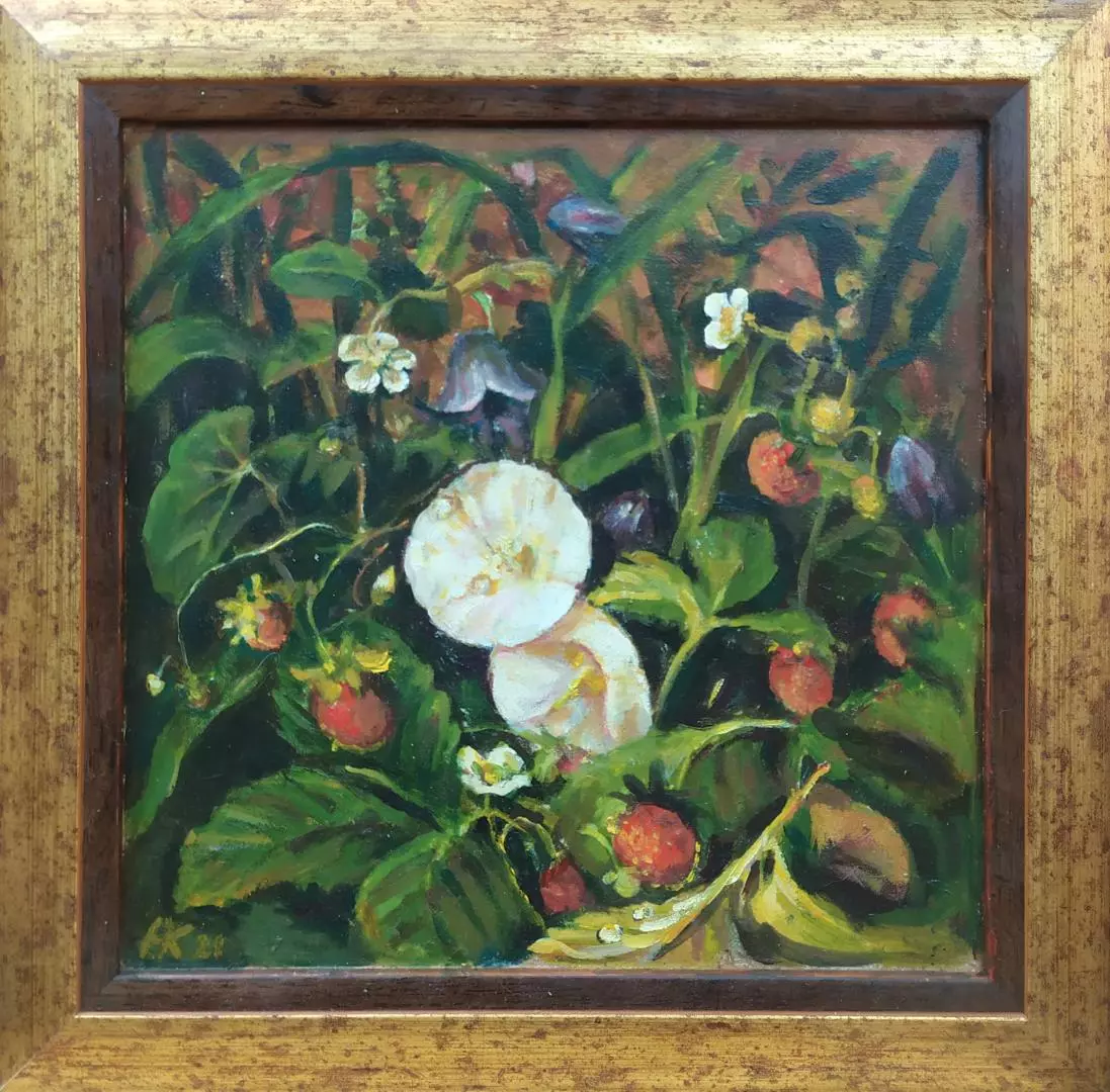 Картина. Надежда Кущева Вьюнок и земляника двп, масло, 30х30 см. Авторская живопись.