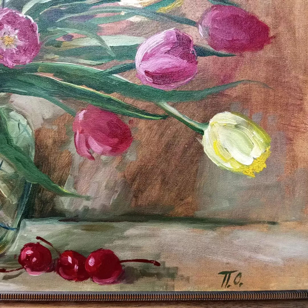 Картина. Ольга Пономарева Тюльпаны, картон, масло, 35х50. Авторская живопись.