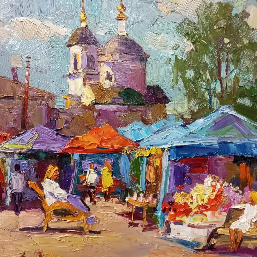 Картина. Александр Филиппов. Ярмарочный день в Боровске. Холст, масло. 45х85 см. Авторская живопись.