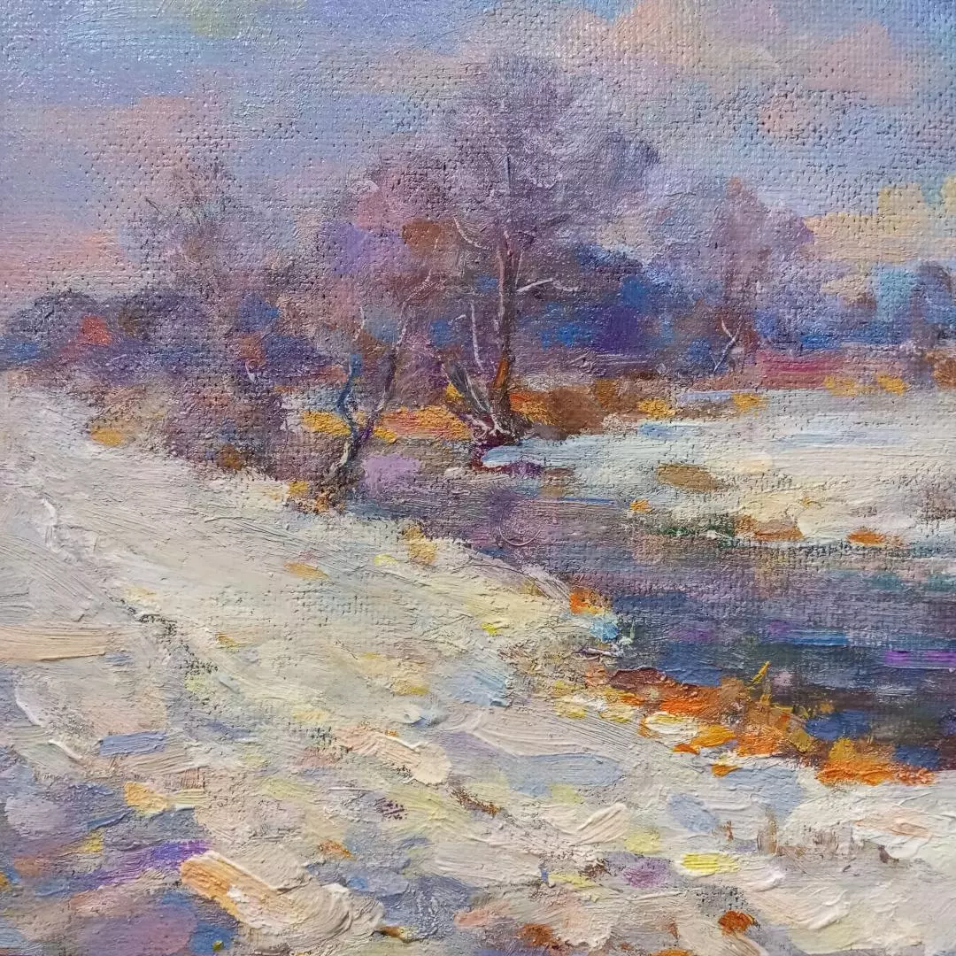Картина. Александр Поплавский. Солнечный день зимы. Оргалит, масло. 25х34 см. Авторская живопись.