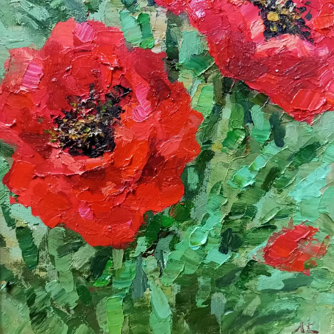 Картина. Лолита Серебрянская-Симонян Маков цвет, холст, масло, 30х17 см. Авторская живопись.