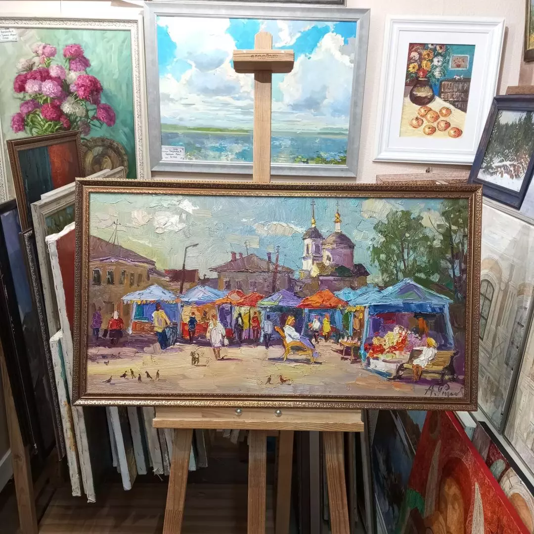 Картина. Александр Филиппов. Ярмарочный день в Боровске. Холст, масло. 45х85 см. Авторская живопись.