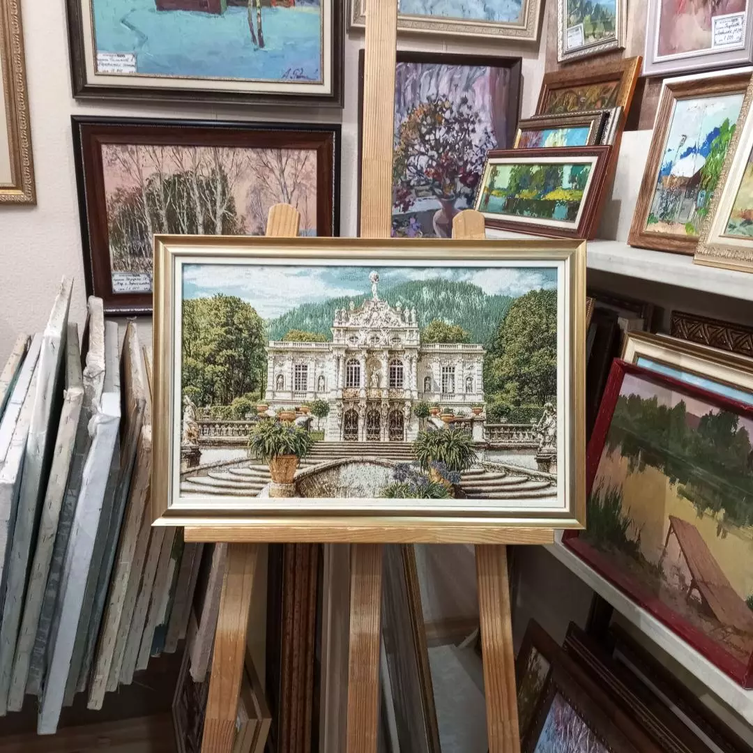 Гобелен в раме. Белый замок Линдерхоф евро. 37х55 см.
