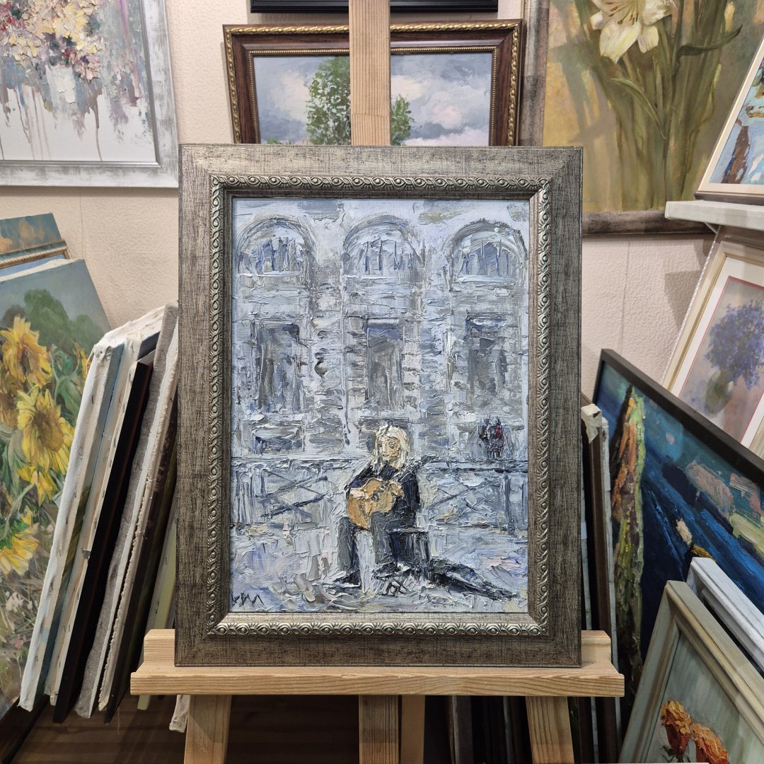 Картина. Инна Москалева. Гитарист. Холст, картон, масло. 40х30 см. Авторская живопись.