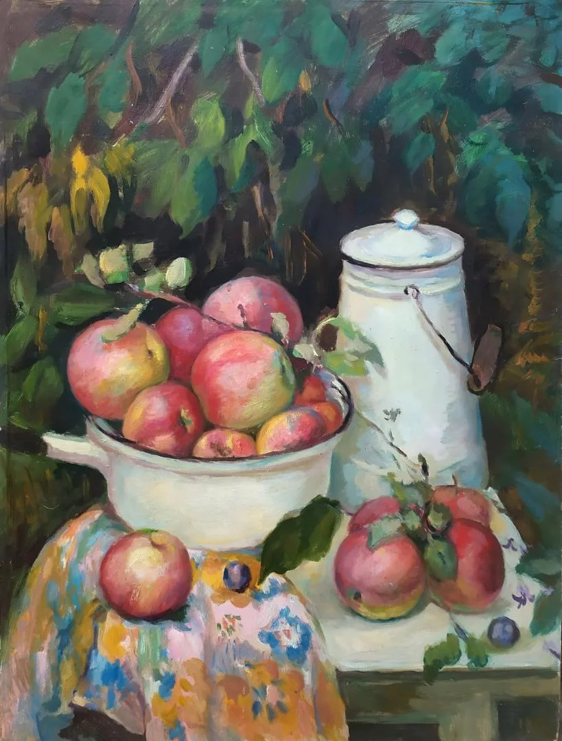Картина. Надежда Кущева Натюрморт с яблоками, двп, масло, 64х48 см. Авторская живопись.
