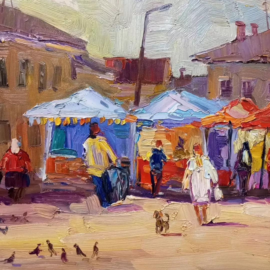 Картина. Александр Филиппов. Ярмарочный день в Боровске. Холст, масло. 45х85 см. Авторская живопись.