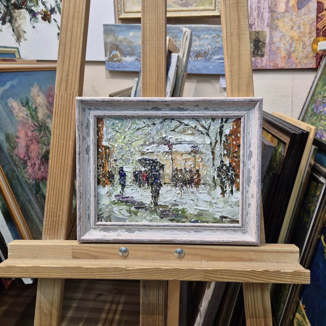 Картина. Инна Москалева. Снег в городе. Холст, картон, масло. 18х24см. Авторская живопись.