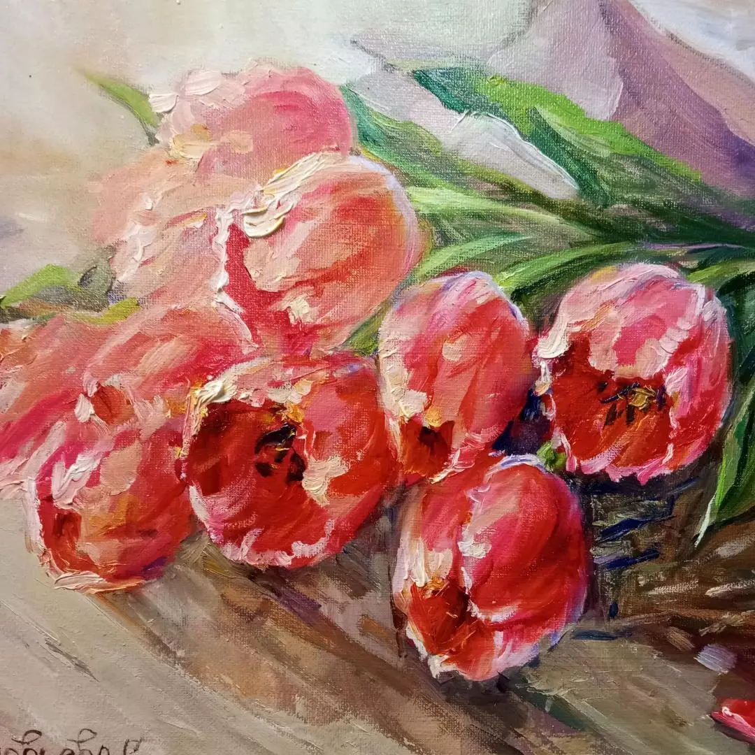 Картина. Светлана Соловьева. Букет тюльпанов. Холст, масло. 30х40 см. Авторская живопись.
