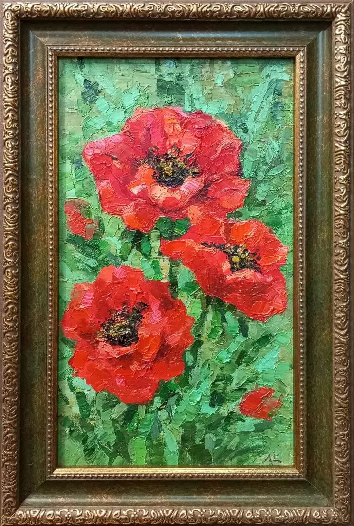 Картина. Лолита Серебрянская-Симонян Маков цвет, холст, масло, 30х17 см. Авторская живопись.
