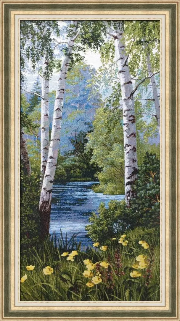Гобелен в раме. Летний пейзаж с березами. 42х77 см, 715-61
