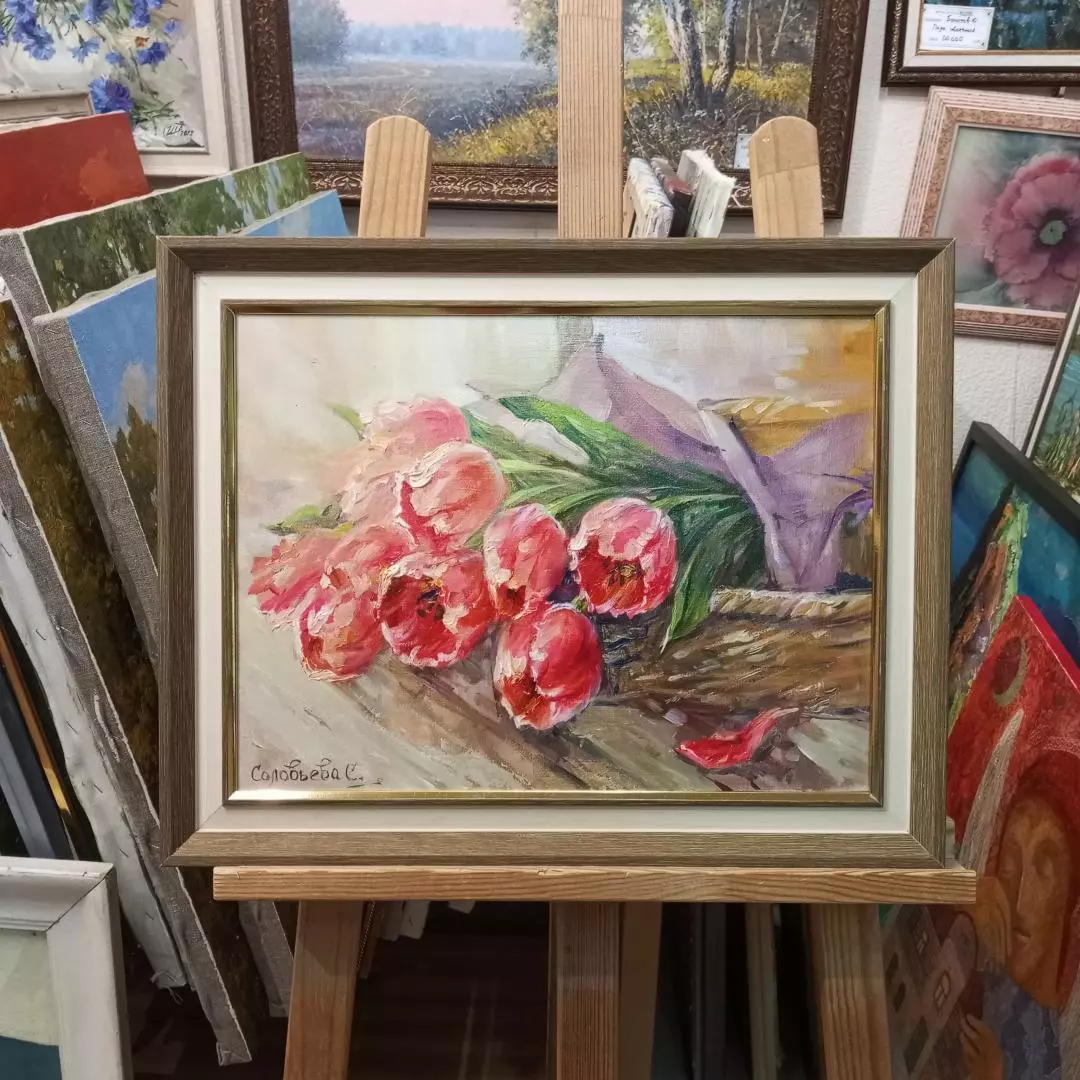 Картина. Светлана Соловьева. Букет тюльпанов. Холст, масло. 30х40 см. Авторская живопись.
