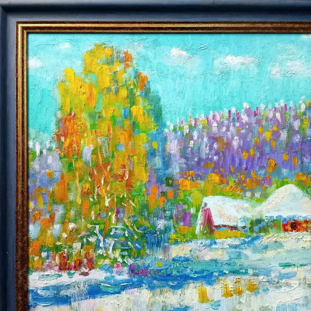 Картина. Сулеков Юрий Снег в сентябре оргалит, масло 53х60 см. Авторская живопись.