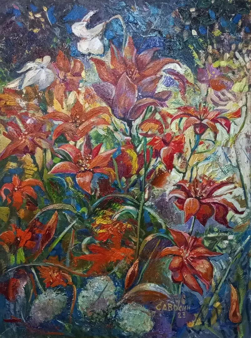 Картина. Сергей Савосин. Цветущий сад. Холст, масло. 75х55 см. Авторская живопись.
