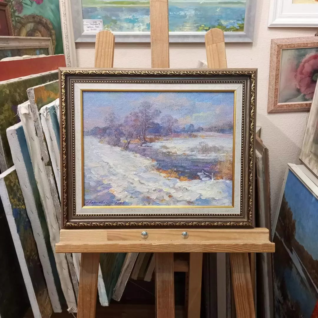 Картина. Александр Поплавский. Солнечный день зимы. Оргалит, масло. 25х34 см. Авторская живопись.