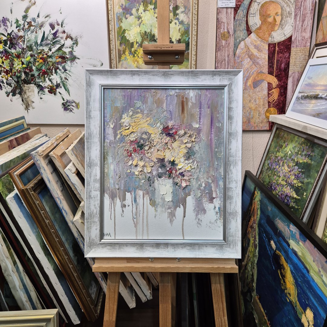 Картина. Инна Москалева. Дождевые цветы. Холст, картон, масло. 50х40см. Авторская живопись.