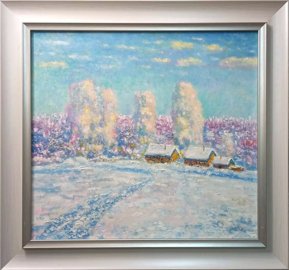 Картина. Сулеков Юрий. Зима в деревне, оргалит, масло, 61х66. Авторская живопись.