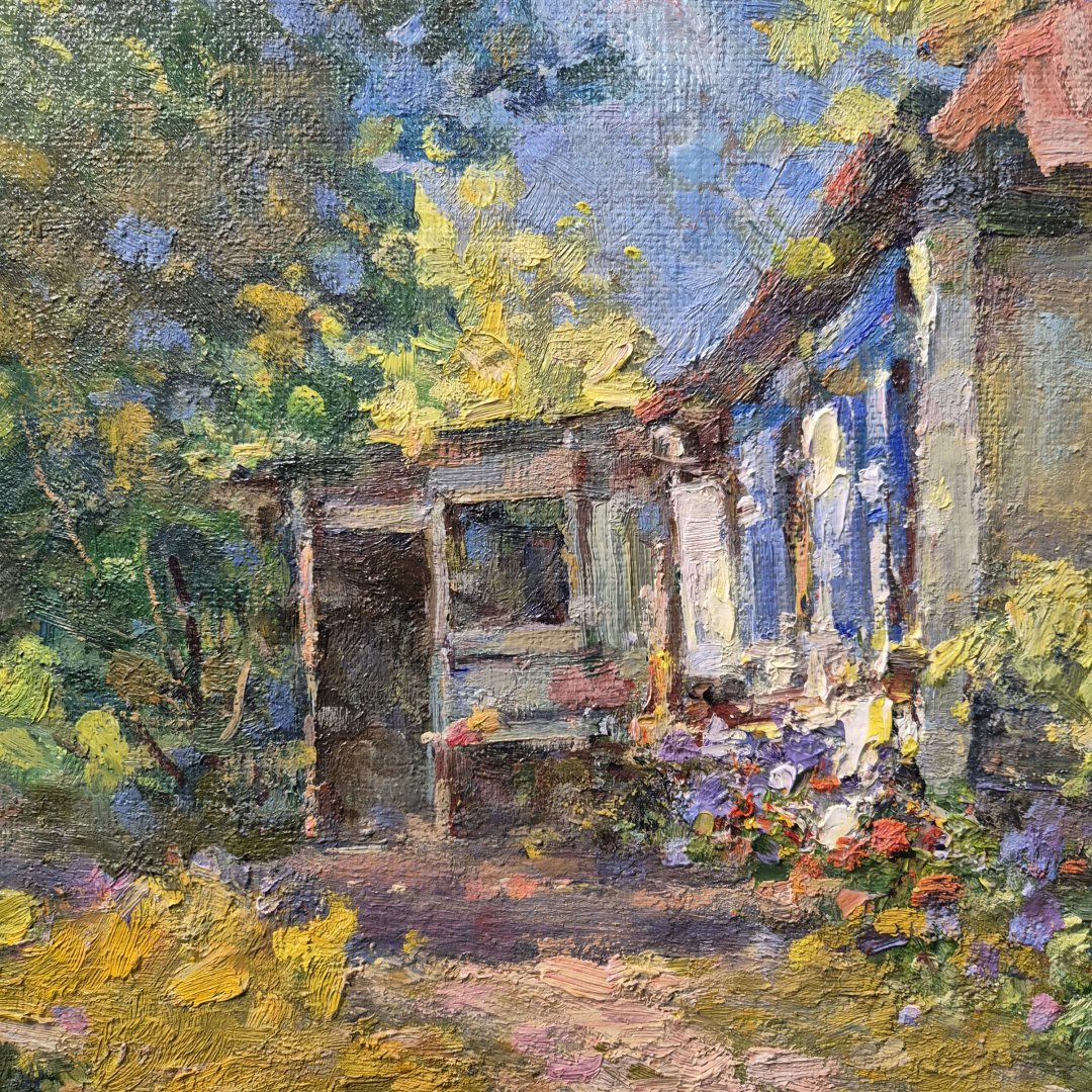 Картина. Александр Поплавский. Солнечный дворик. Картон, масло. 50х41 см. Авторская живопись.