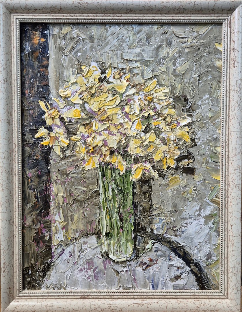 Картина. Инна Москалева. Нарциссы. Холст, картон, масло. 30х40 см. Авторская живопись.