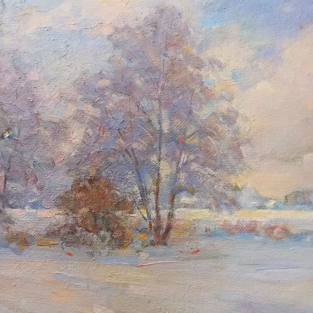 Картина. Александр Поплавский. Морозный вечер. Картон, масло. 38х48 см. Авторская живопись.