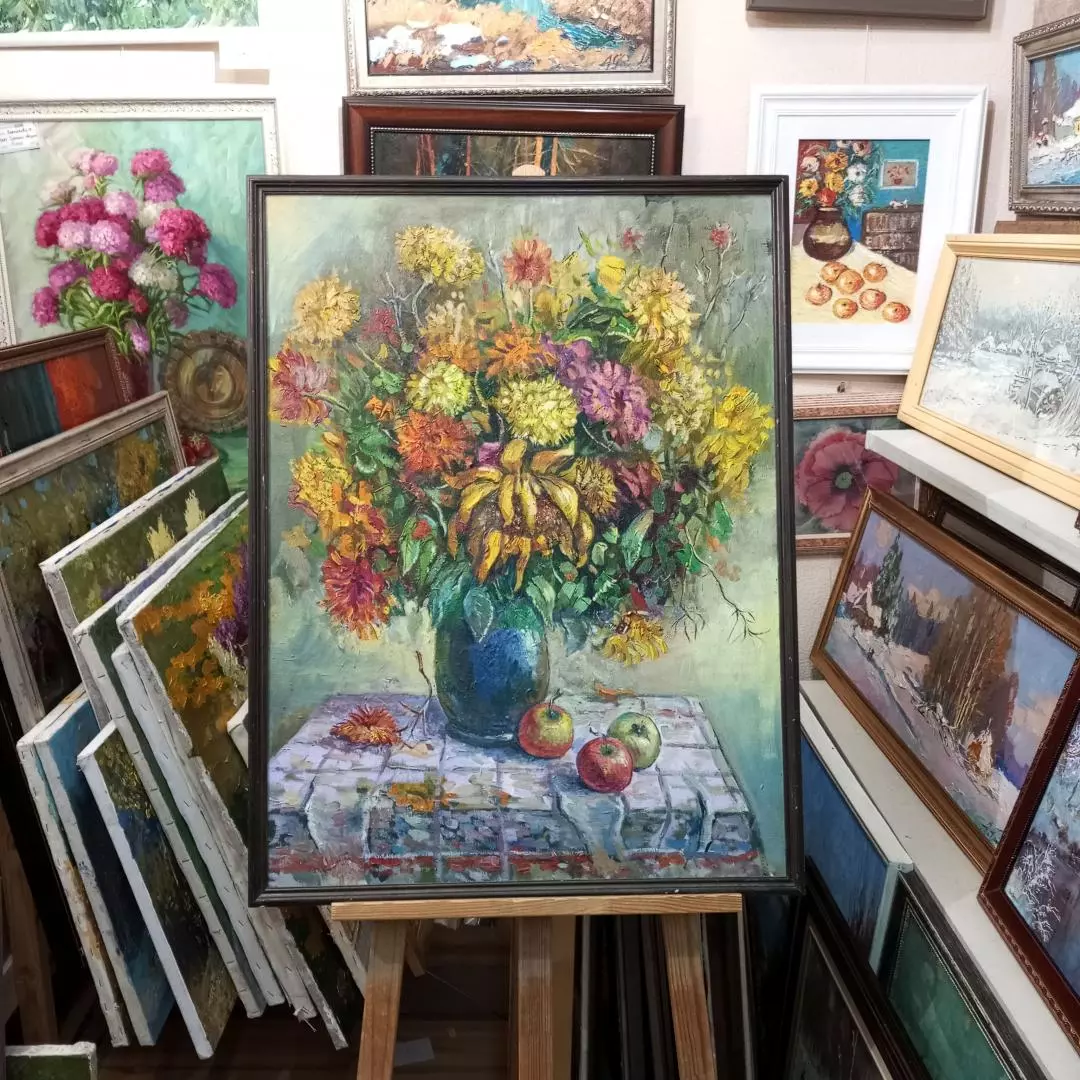 Картина. Сергей Савосин. Букет в синей вазе. Холст, масло. 80х60 см. Авторская живопись.