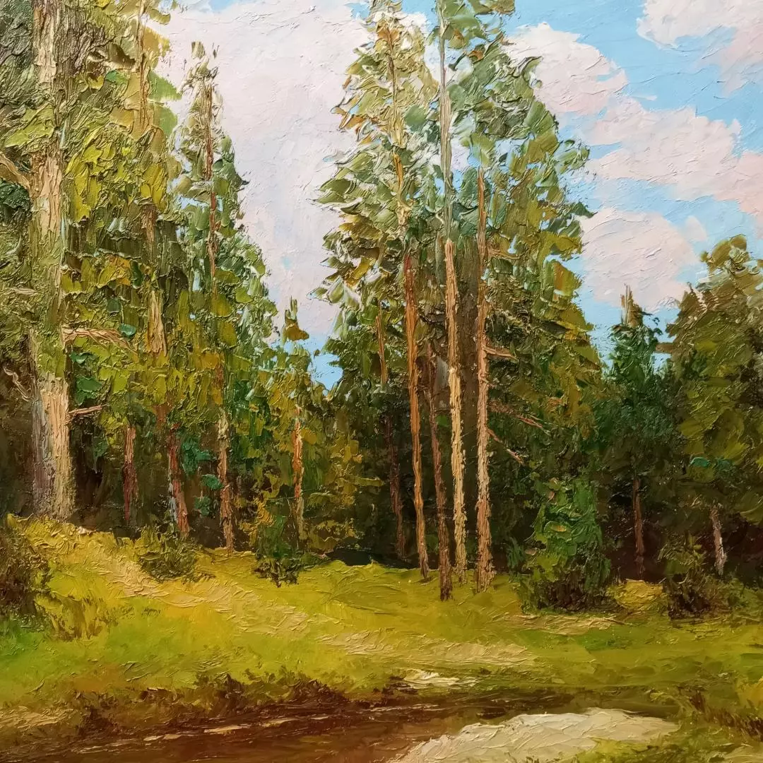 Картина. Стефан Домусчи. Лесной ручей. Холст, картон, масло. 64х58 см. Авторская живопись.