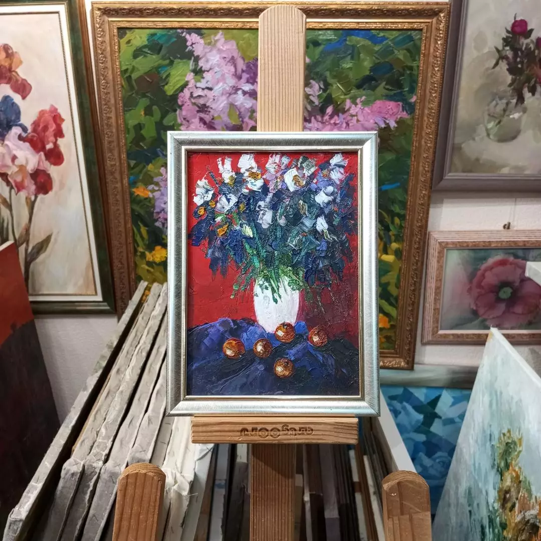 Картина. Роман Серебрянский. Ирисы и яблоки. Картон, масло, 21х15 см. Авторская живопись.