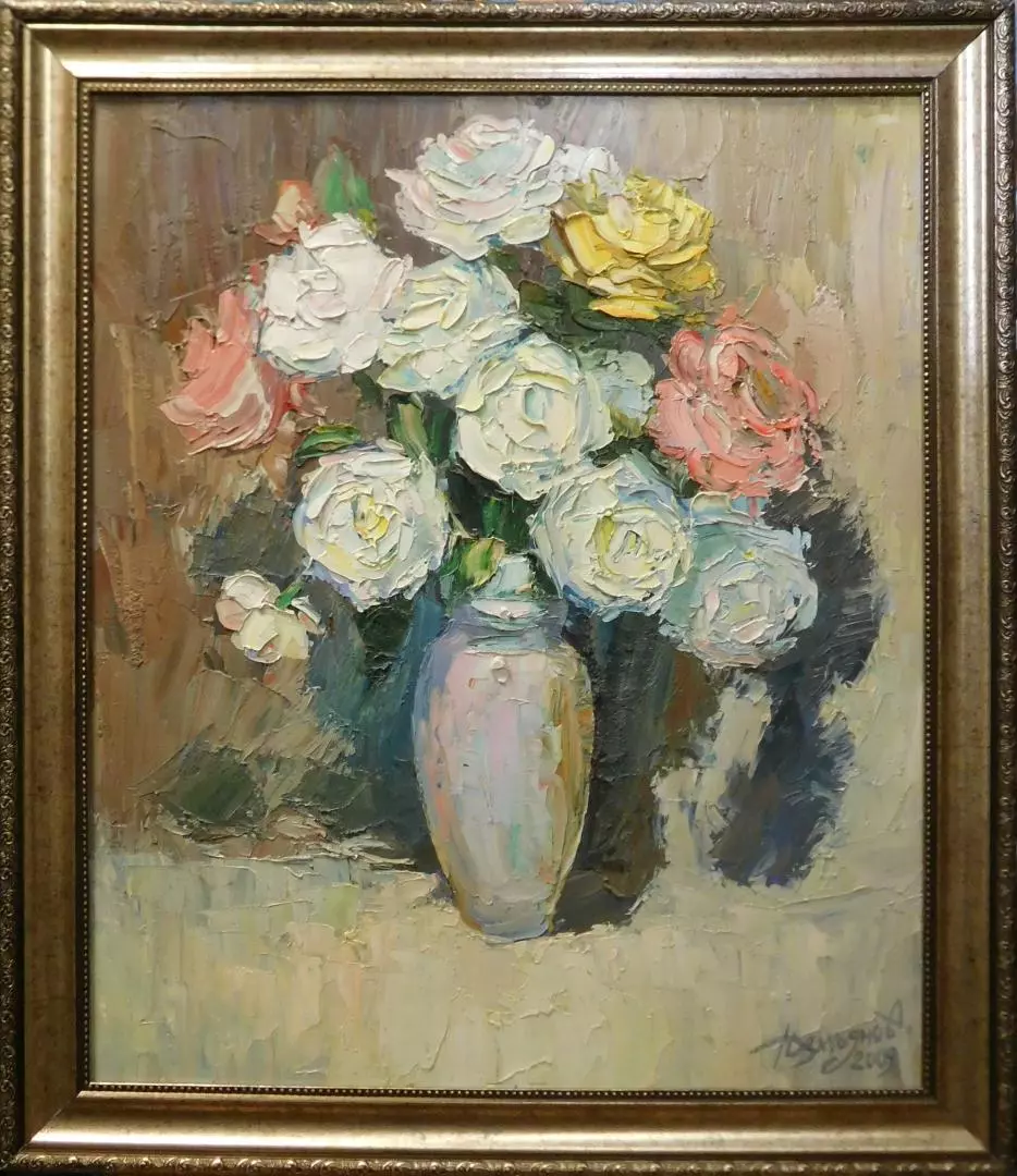 Картина. Юрий Демьянов Белые розы, двп, масло, 60х50 см. Авторская живопись.