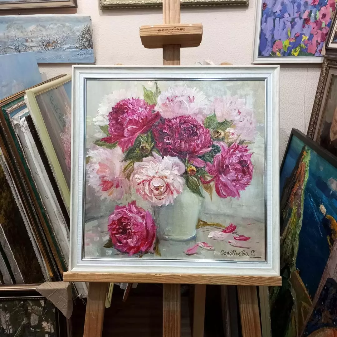 Картина. Светлана Соловьева. Букет пионов. Холст, масло. 40х40 см. Авторская живопись.