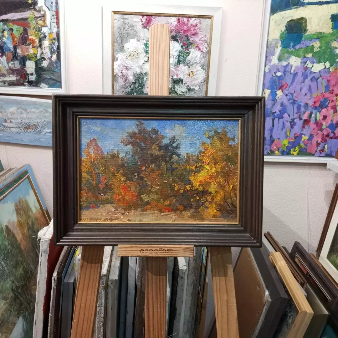 Картина. Александр Поплавский. Осень в саду. Картон, масло. 20х30 см. Авторская живопись.