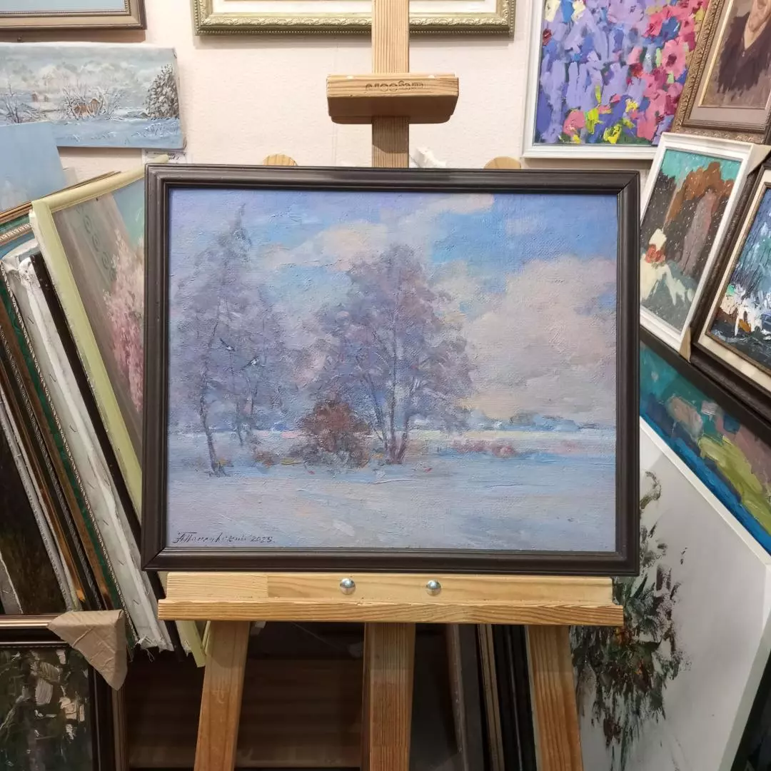 Картина. Александр Поплавский. Морозный вечер. Картон, масло. 38х48 см. Авторская живопись.