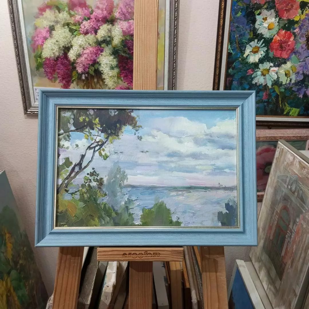 Картина. Анастасия Голубцова. Облака над берегом. Холст, картон, масло. 20х30 см. Авторская живопись.
