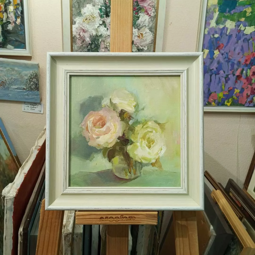 Картина. Анастасия Голубцова. Розы. Холст, масло. 20х20 см. Авторская живопись.