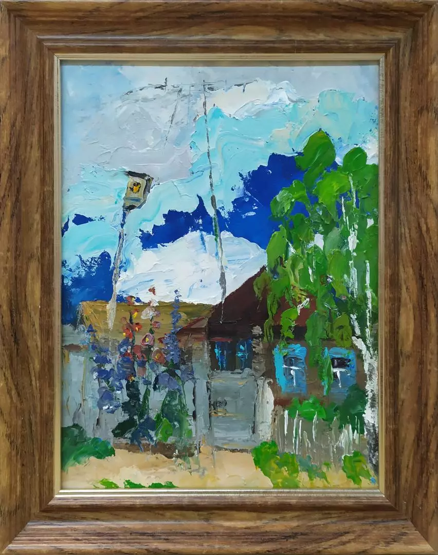 Картина. Роман Серебрянский Деревенский мотив, картон, масло, 18х24 см. Авторская живопись.