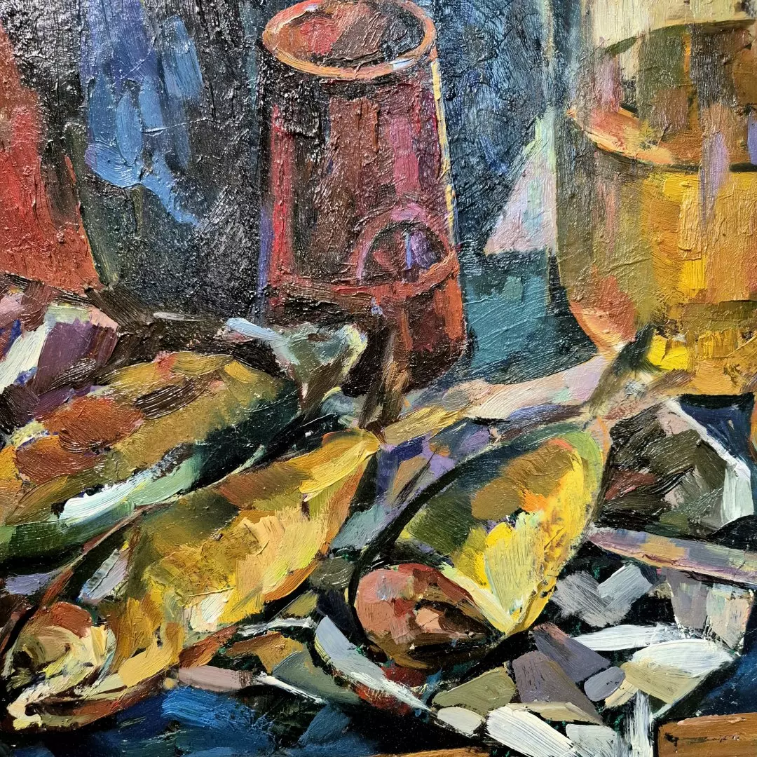 Картина. Оксана Смотрова. Натюрморт со скумбрией. Картон, масло. 49х65 см. Авторская живопись.
