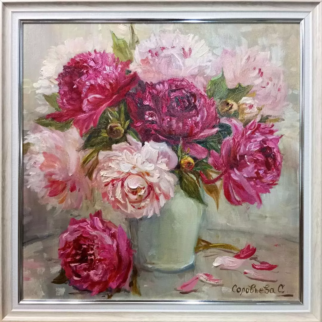 Картина. Светлана Соловьева. Букет пионов. Холст, масло. 40х40 см. Авторская живопись.