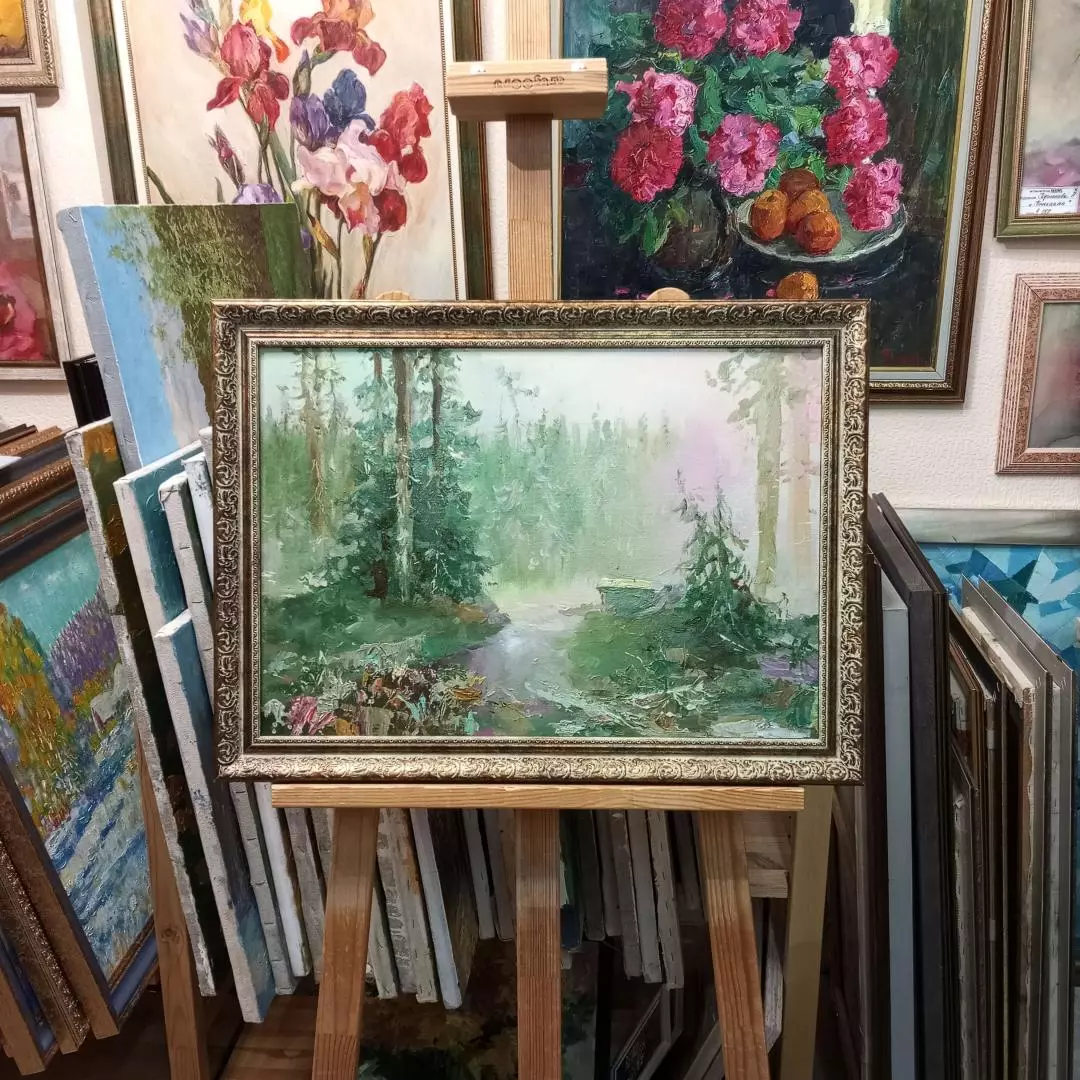 Картина. Леонид Куйкин Сонное озеро, холст, картон, масло, 35х50 см. Авторская живопись.