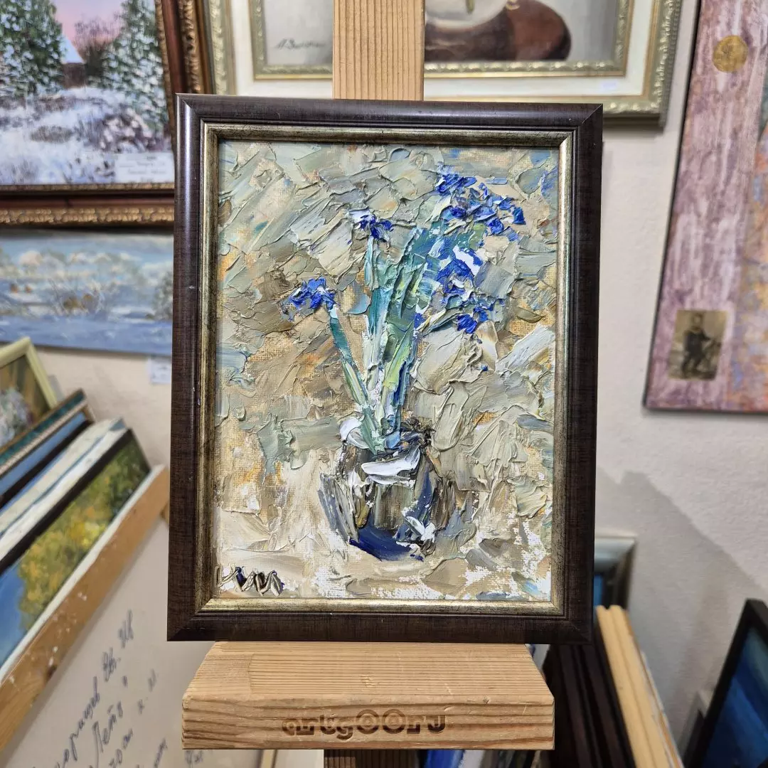 Картина. Инна Москалева. Подснежники. Холст, картон, масло. 20х15см. Авторская живопись.