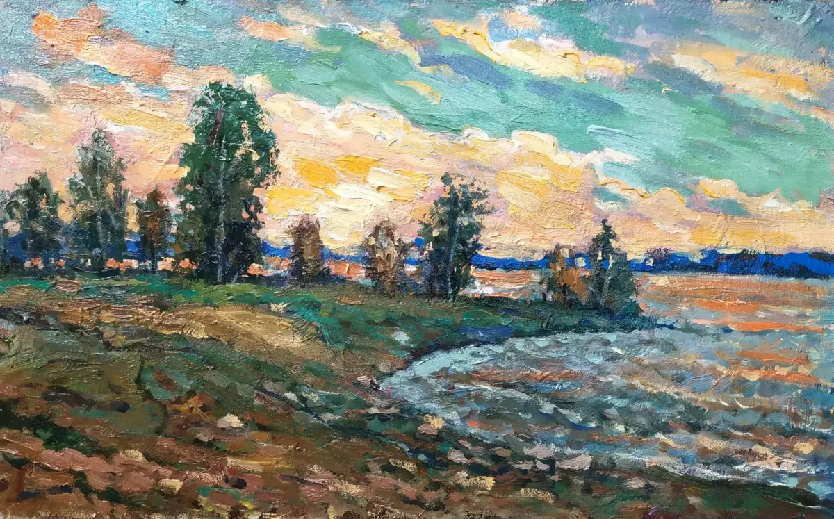 Картина. Сергей Савосин. Дон вечером, холст, масло, 30х50 см. Авторская живопись.