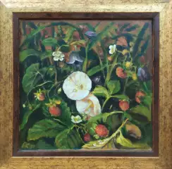 Картина. Надежда Кущева Вьюнок и земляника двп, масло, 30х30 см. Авторская живопись.