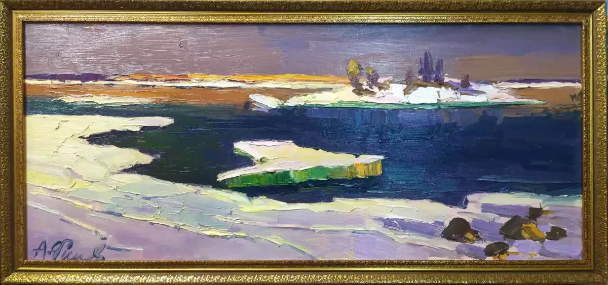 Картина. Александр Филиппов Вечернее солнце Белого моря, холст, масло, 30х70 см. Авторская живопись.