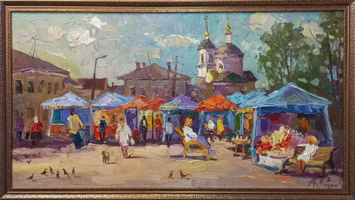 Картина. Александр Филиппов. Ярмарочный день в Боровске. Холст, масло. 45х85 см. Авторская живопись.